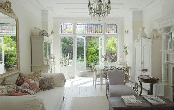 shabby chic living room with floral pillows