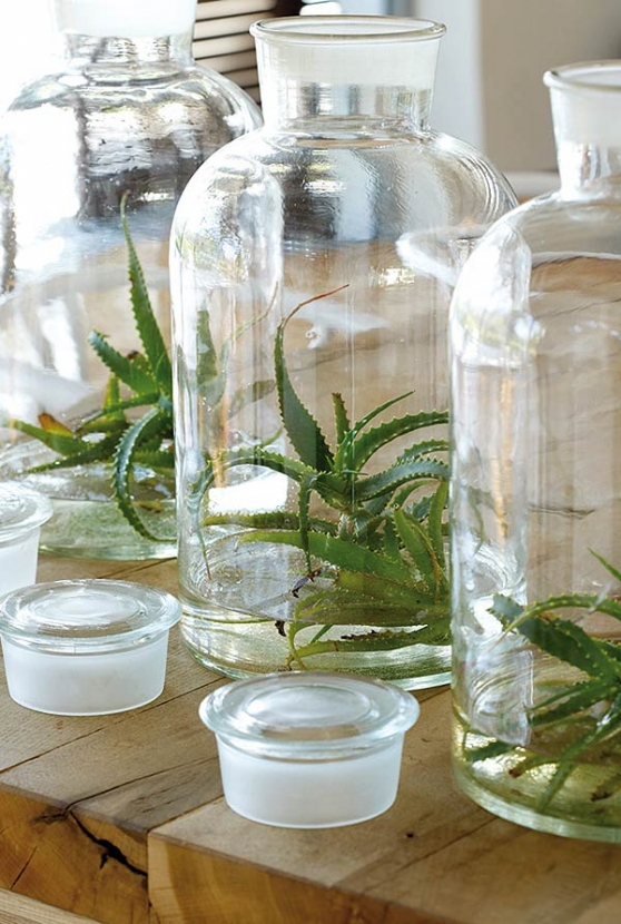 contemmporary glass bottles decor in modern barn