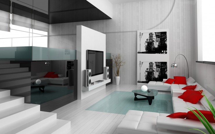 white minimalist living room with red touches