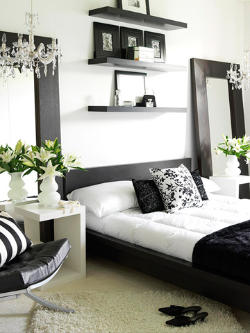 contemporary_black_and_white_bedroom contemporary black and white bedroom with chandelier