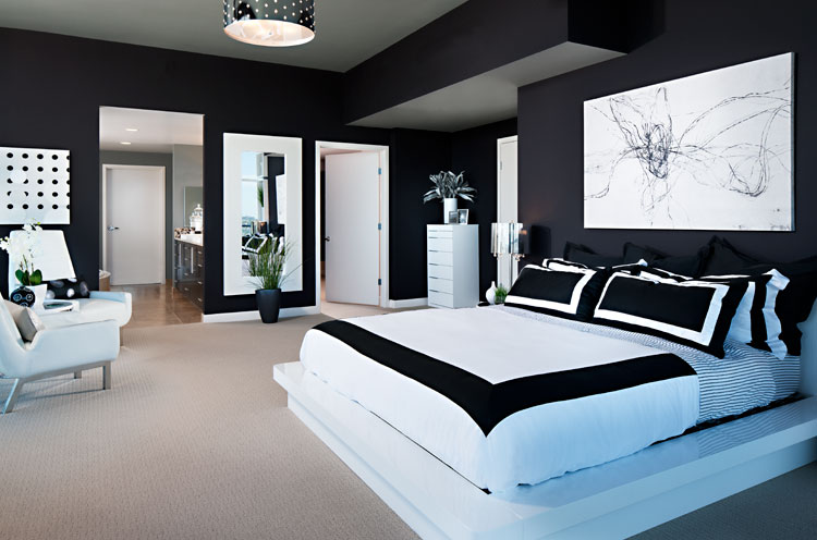 Modern black and white bedroom by interior design photographer Zack ...